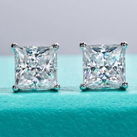 Certified 4ct. t.w. Diamond Moissanite Princess Cut Stud Earrings NEW - Picture 1 of 12